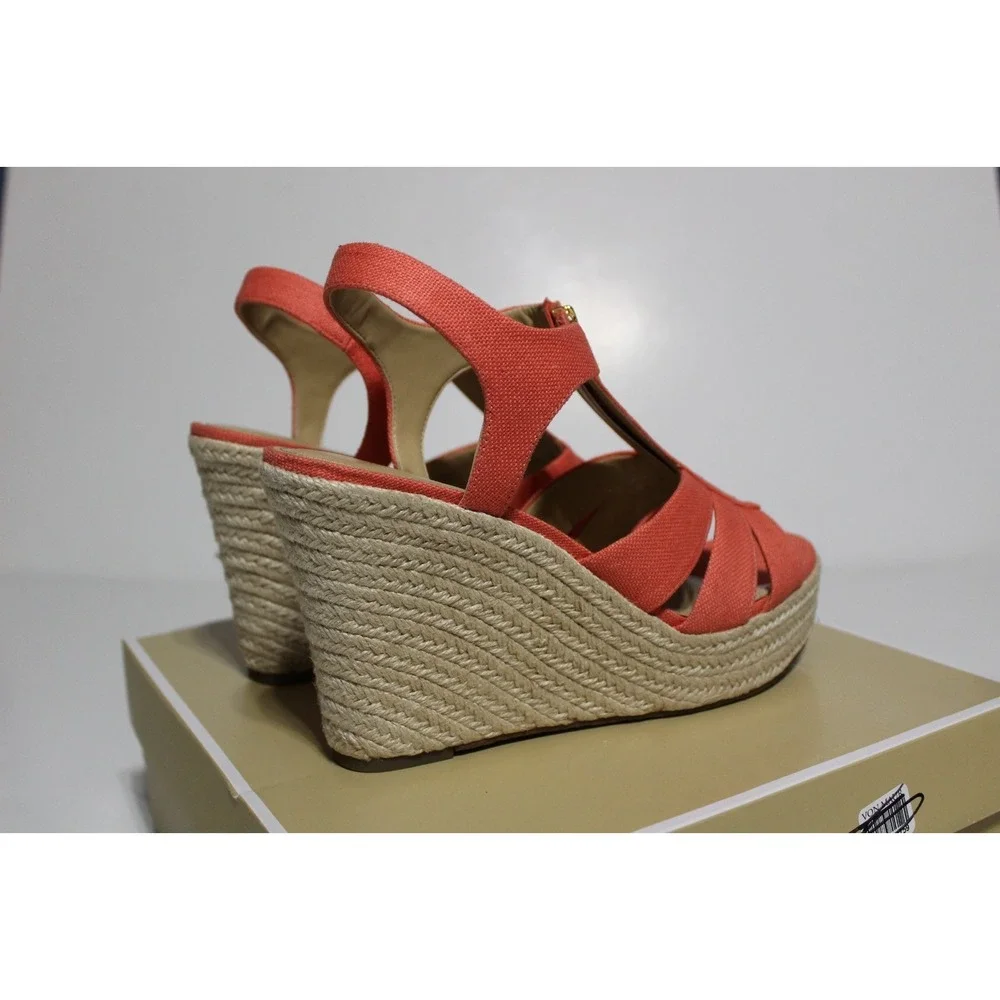 Michael Kors Berkley Womens 10 M Espadrille Pink Canvas Front Zip Wedge Sandal